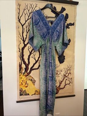 India Boutique Blue and Green Paisley V-Neck Maxi Dress